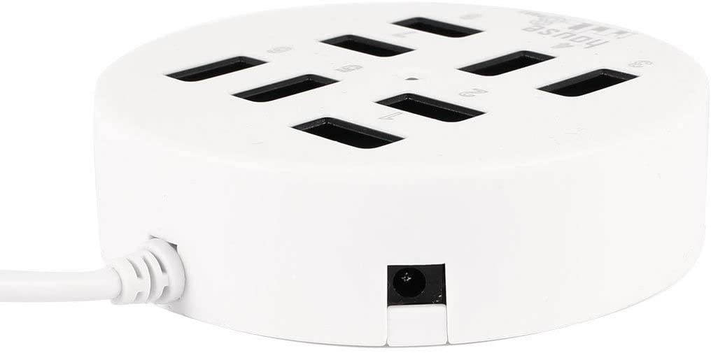USB 8 Ports Box Multi Data Transmission USB 2.0 Hub Round Shape Multi-Port Splitter Charger Adapter Replacement with LED for USB Devices, Phone, USB Flash Disk, PC, Tablet (White)