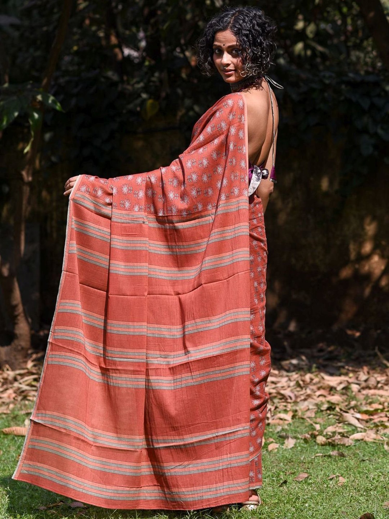 Suta Rust Cotton Floral Print Saree Without Blouse