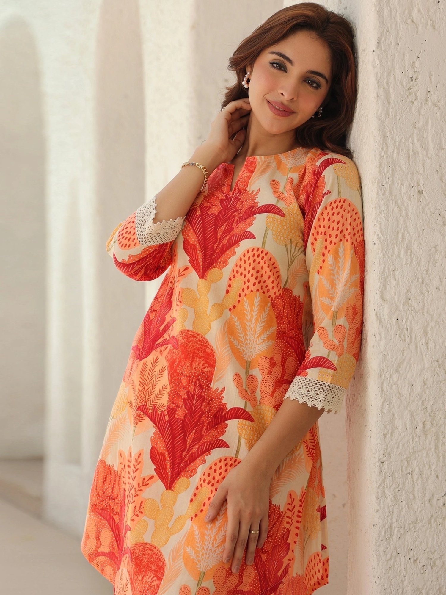 Rain and Rainbow Orange Cotton Printed Tunic & Pant Set