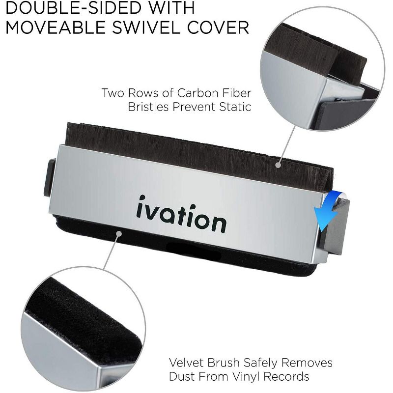 Ivation 2-in-1 Vinyl Record Cleaning Brush with Carbon Fiber and Velvet Brushes Includes Swivel Cover & Stand for Secure Storage