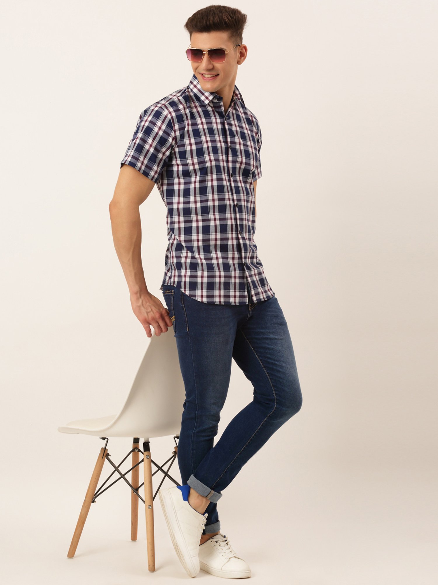 Jainish Navy Cotton Regular Fit Checks Shirt