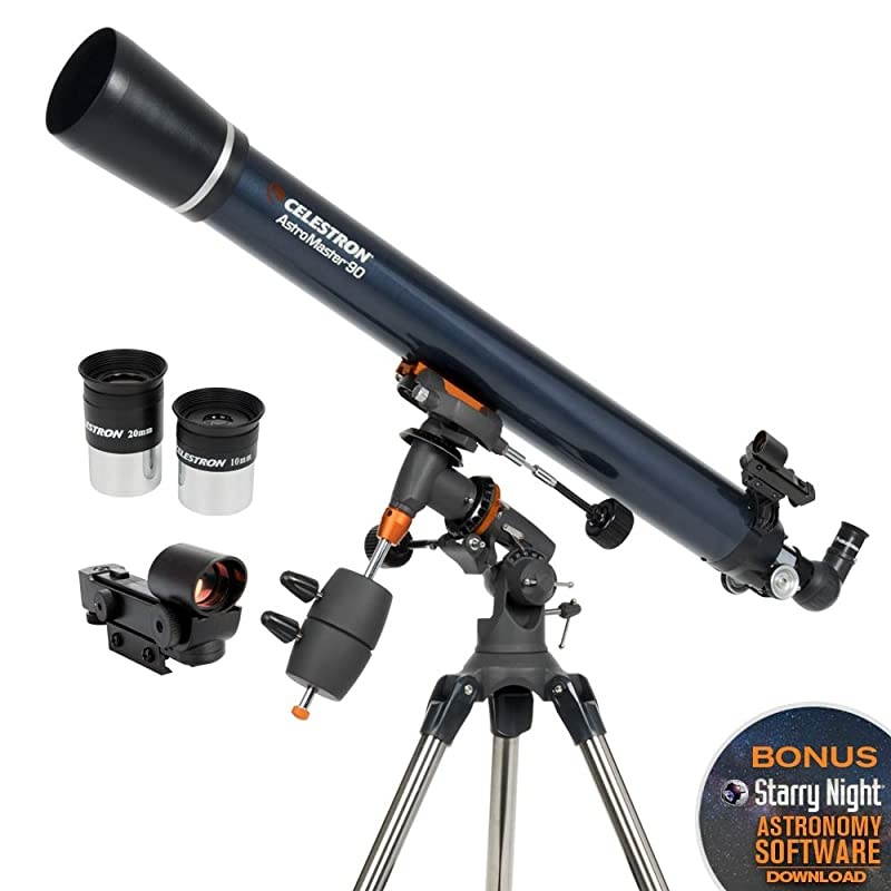 AstroMaster 90EQ Refractor Telescope - Refractor Telescope for Beginners - Fully-Coated Glass Optics - Adjustable-Height Tripod - BONUS Astronomy Software Package