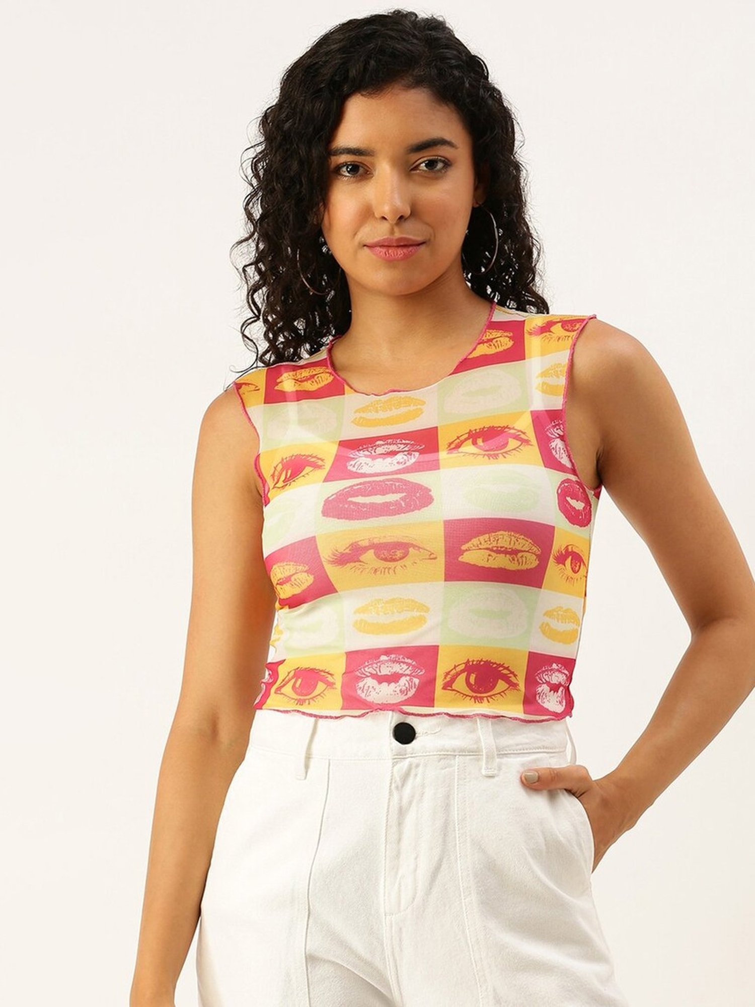 Forever 21 Cream & Pink Printed Crop Top