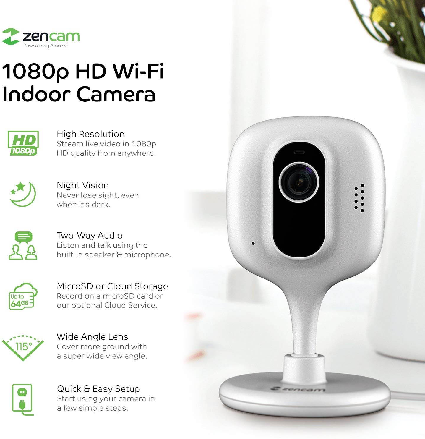 Zencam 1080p WiFi Camera, Indoor Security Wireless IP Camera, Two-Way Talk, Night Vision for Home, Office, Baby, Pet Cam with MicroSD & Cloud Storage, White Updated Firmware 2020 Version (E2W)