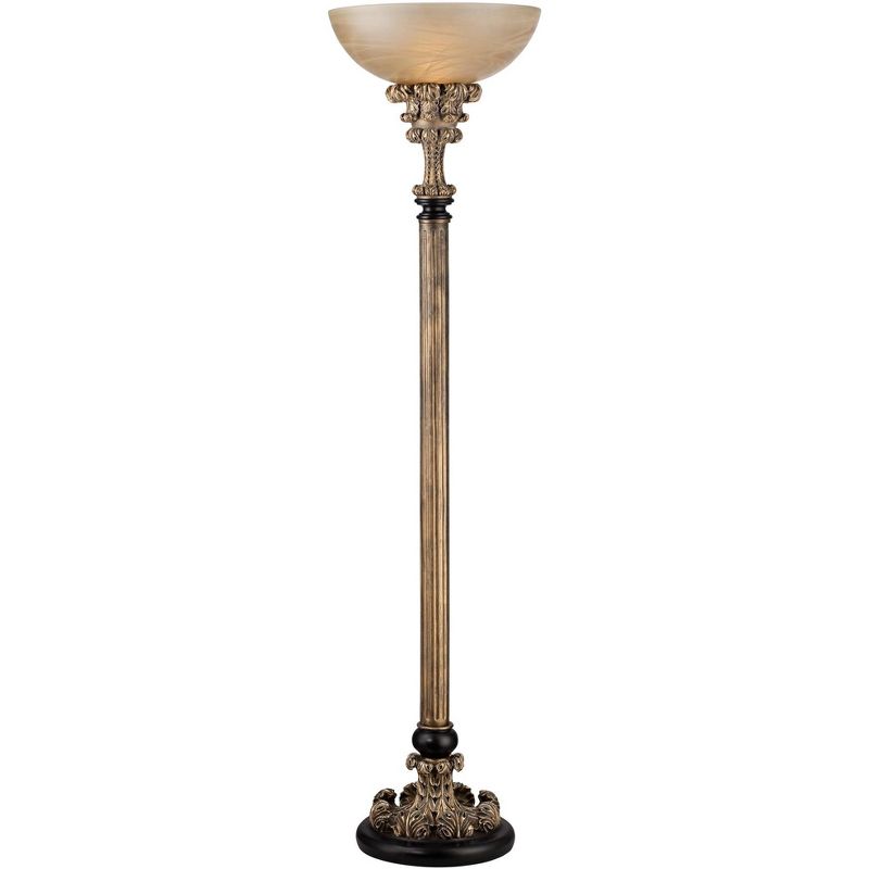 Barnes and Ivy Traditional Torchiere Antique Gold Column Amber Glass Shade Foot Dimmer for Living Room Bedroom Office Uplight