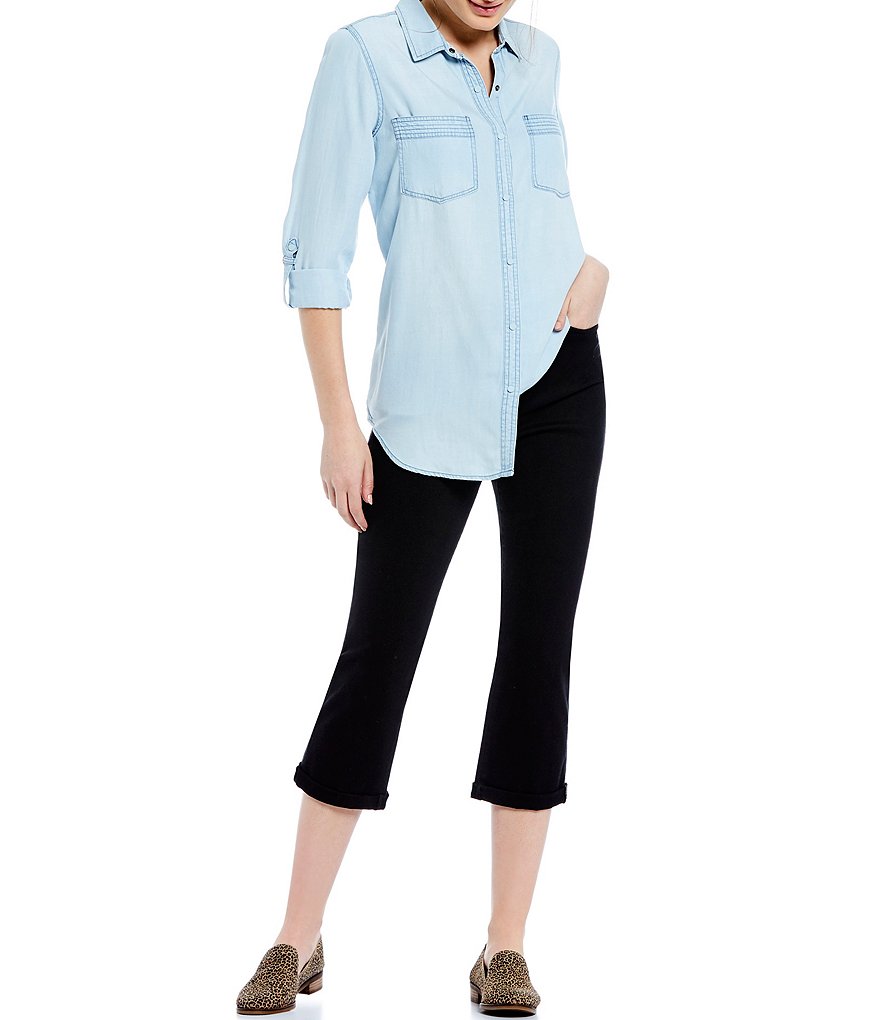 Intro Petites Roll-Tab Sleeve Button Front Slub Lyocell Shirt