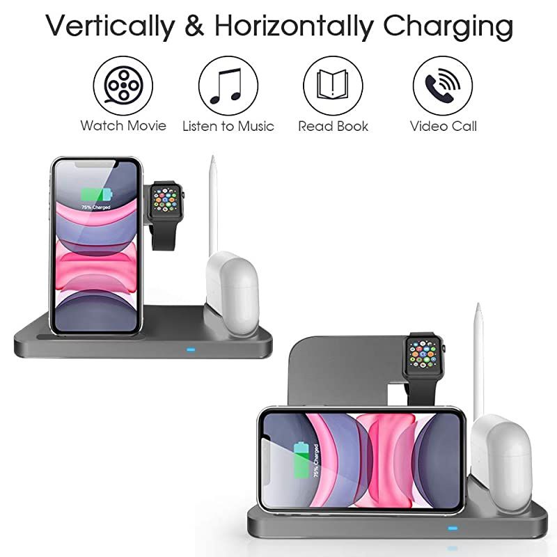 Wireless Charger, 4 in 1 Fast Wireless Charging Station Compatible with Apple Watch Airpods Pro iPhone 12/12 Pro/11/11 Pro/8/X, Wireless Charging Stand Compatible with Samsung