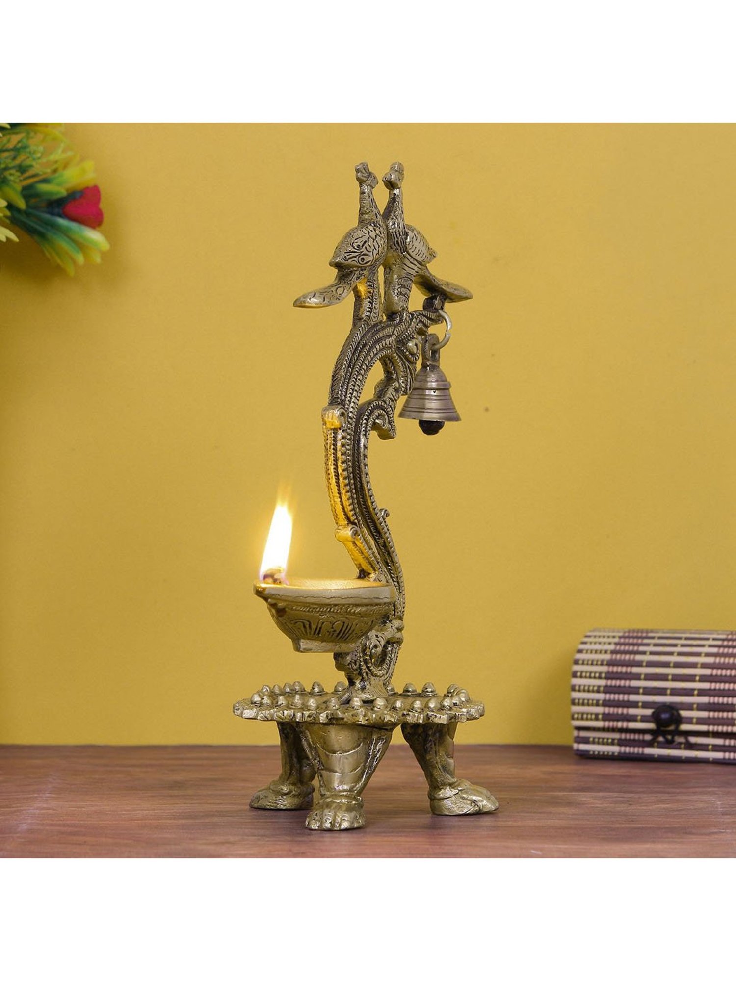 eCraftIndia Antique Finish Decorative Handcrafted Brass Peocock Couple Diya with Bell and Stand