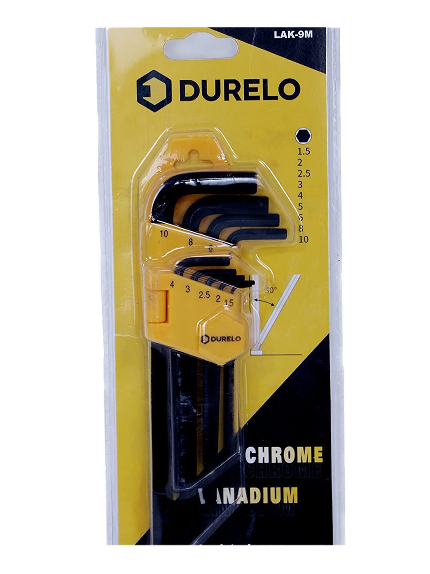 DURELO LAK-9M Long Ball Point Allen Key Set (1.5,2,2.5,3,4,5,6,8,10MM) (Black/Yellow)