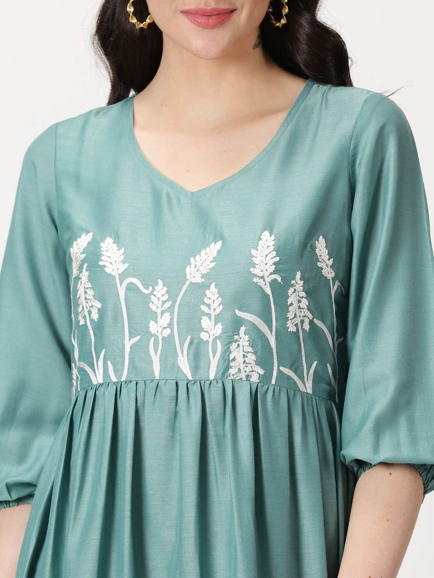 Saffron Threads Sea Green Embroidered Midi Dress
