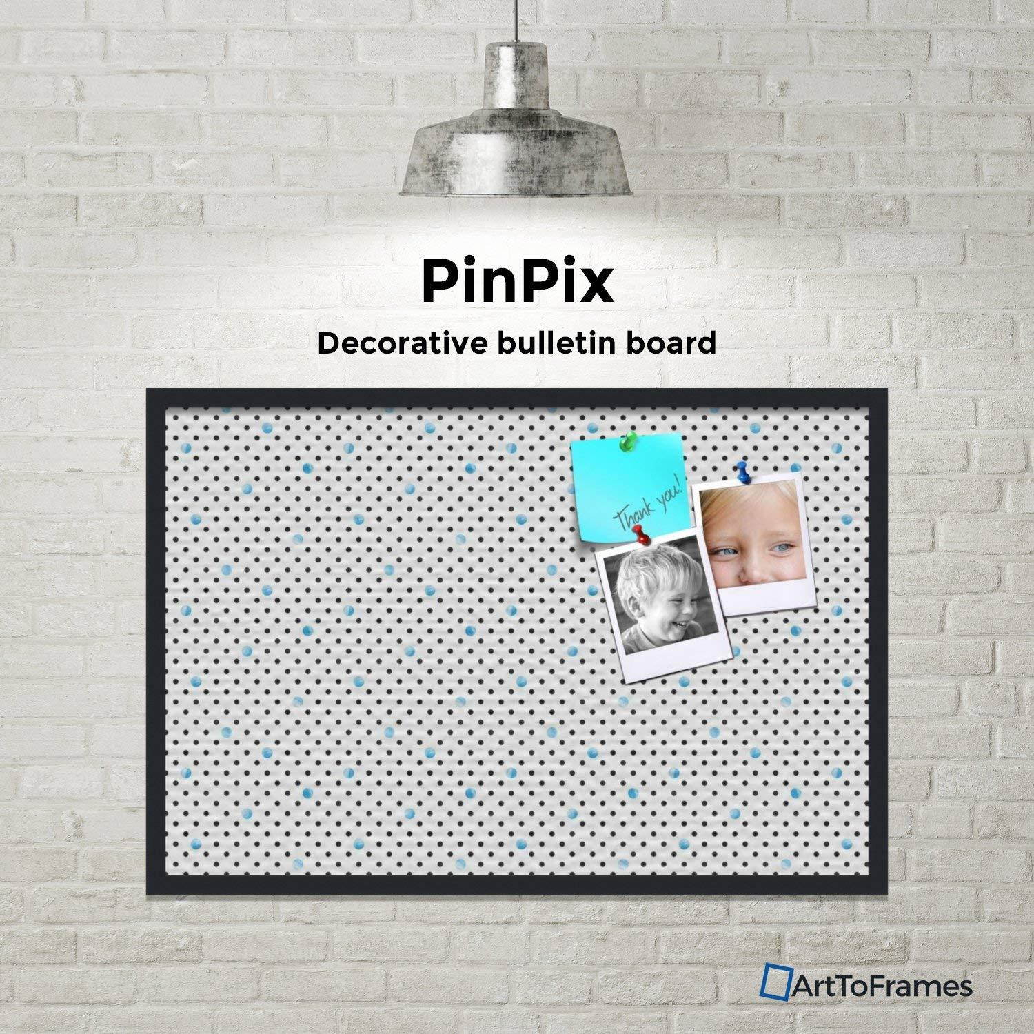 PinPix custom printed pin cork bulletin board made from canvas, Chic Polka Dot Blue 36x24 Inches (Completed Size) and framed in Satin Black (PinPix-Group-55)