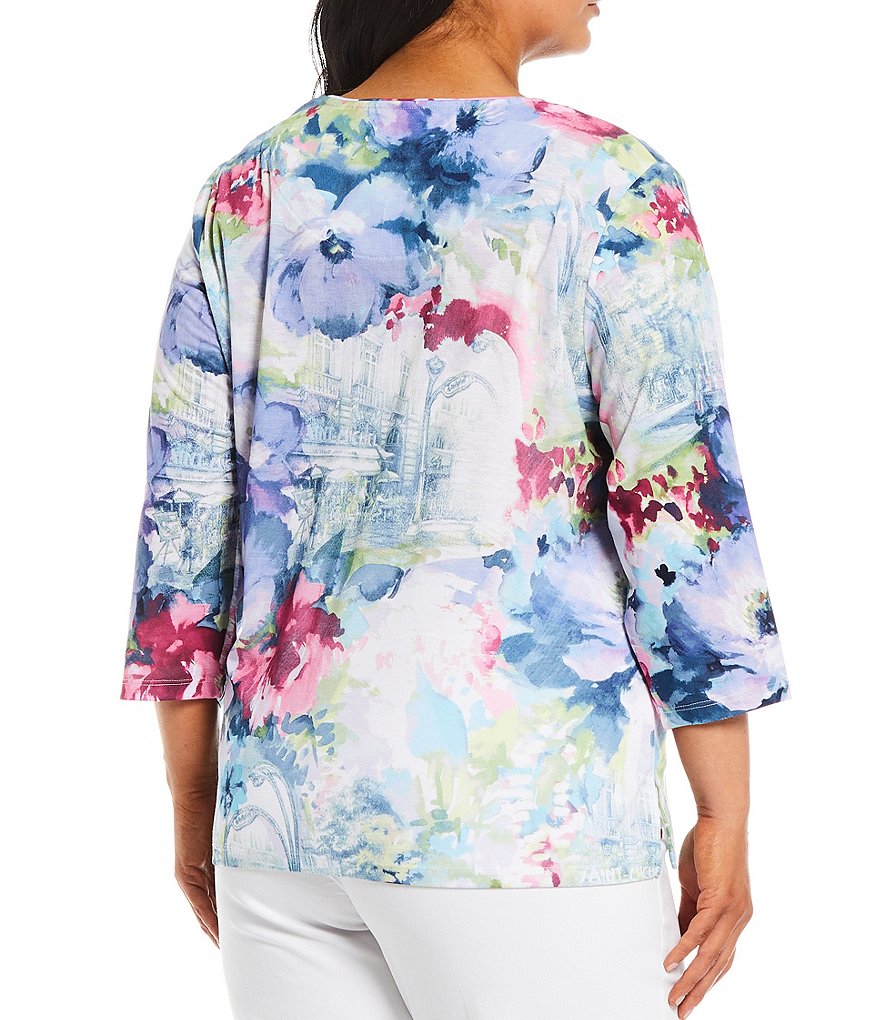 Allison Daley Plus Size French Bistro Print Rhinestone Embellished Detail 3/4 Sleeve Crew Neck Top