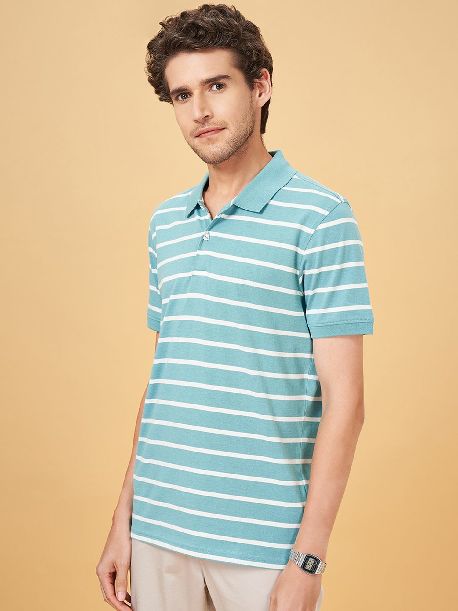 Byford By Pantaloons Bel Air Blue Cotton Slim Fit Striped Polo T-Shirt
