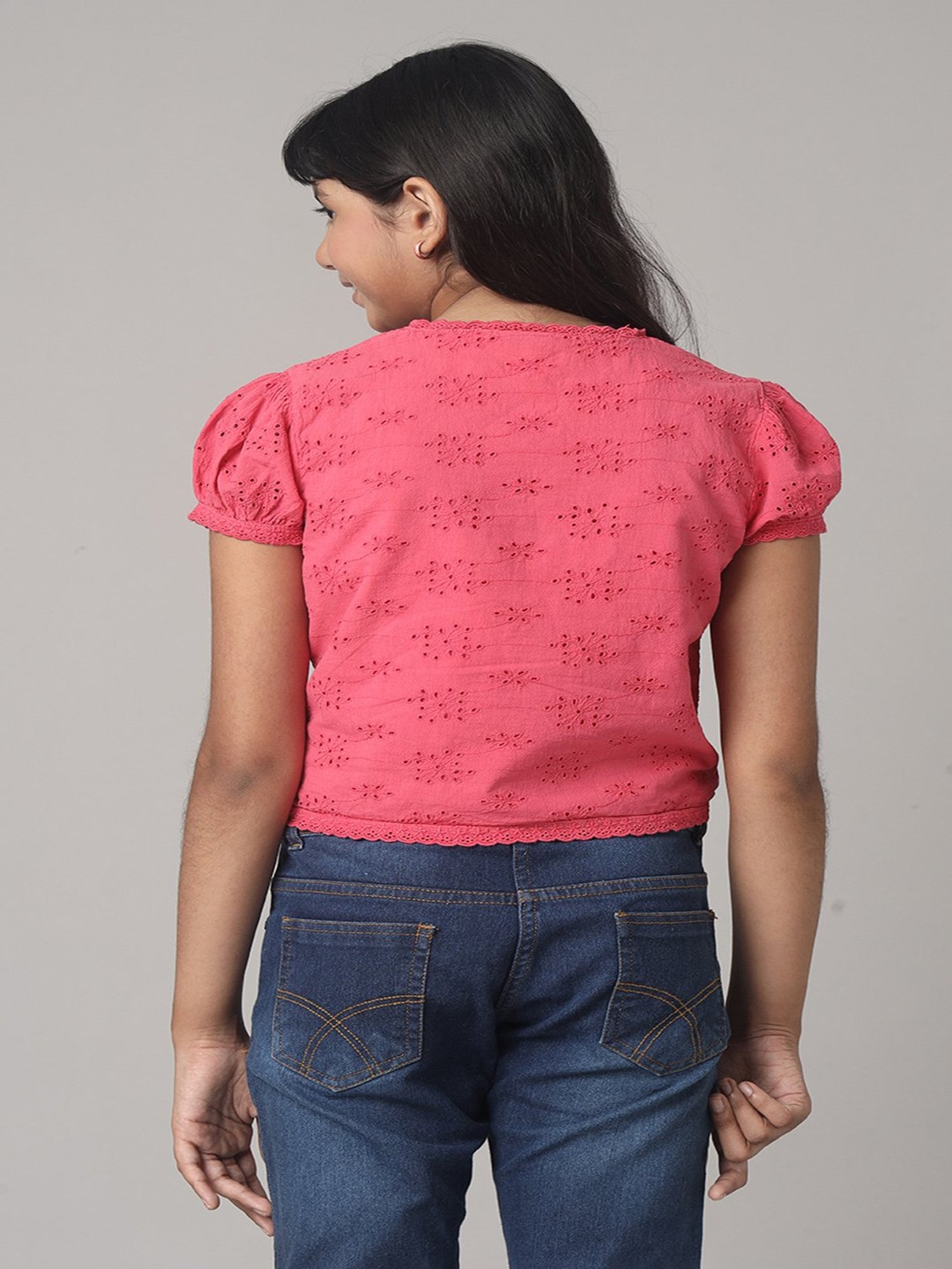 Under Fourteen Only Kids Pink Self Design Crop Top