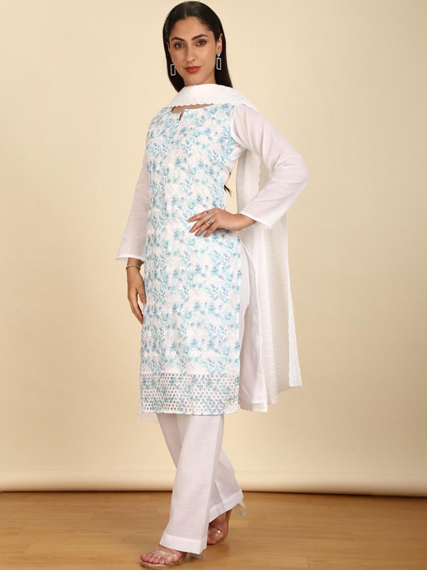 Soch Womens Blue Cotton Embroidered Unstitch Dress Material With Schiffli