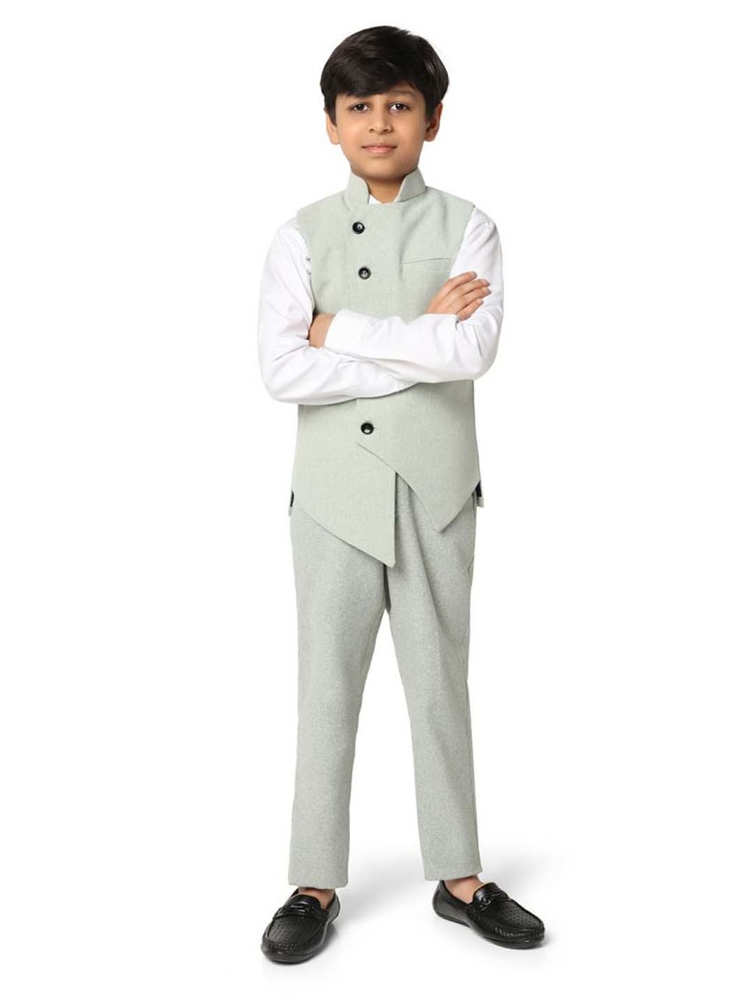 TAHVO Kids Green & White Slim Fit Shirt Set
