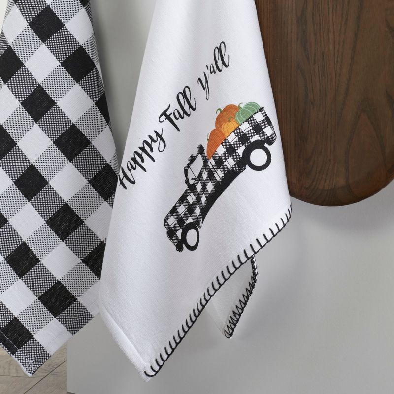 Happy Fall Y'all and Check Kitchen Towel Set of 2 - 18" x 28" - Black/White - Elrene Home Fashions