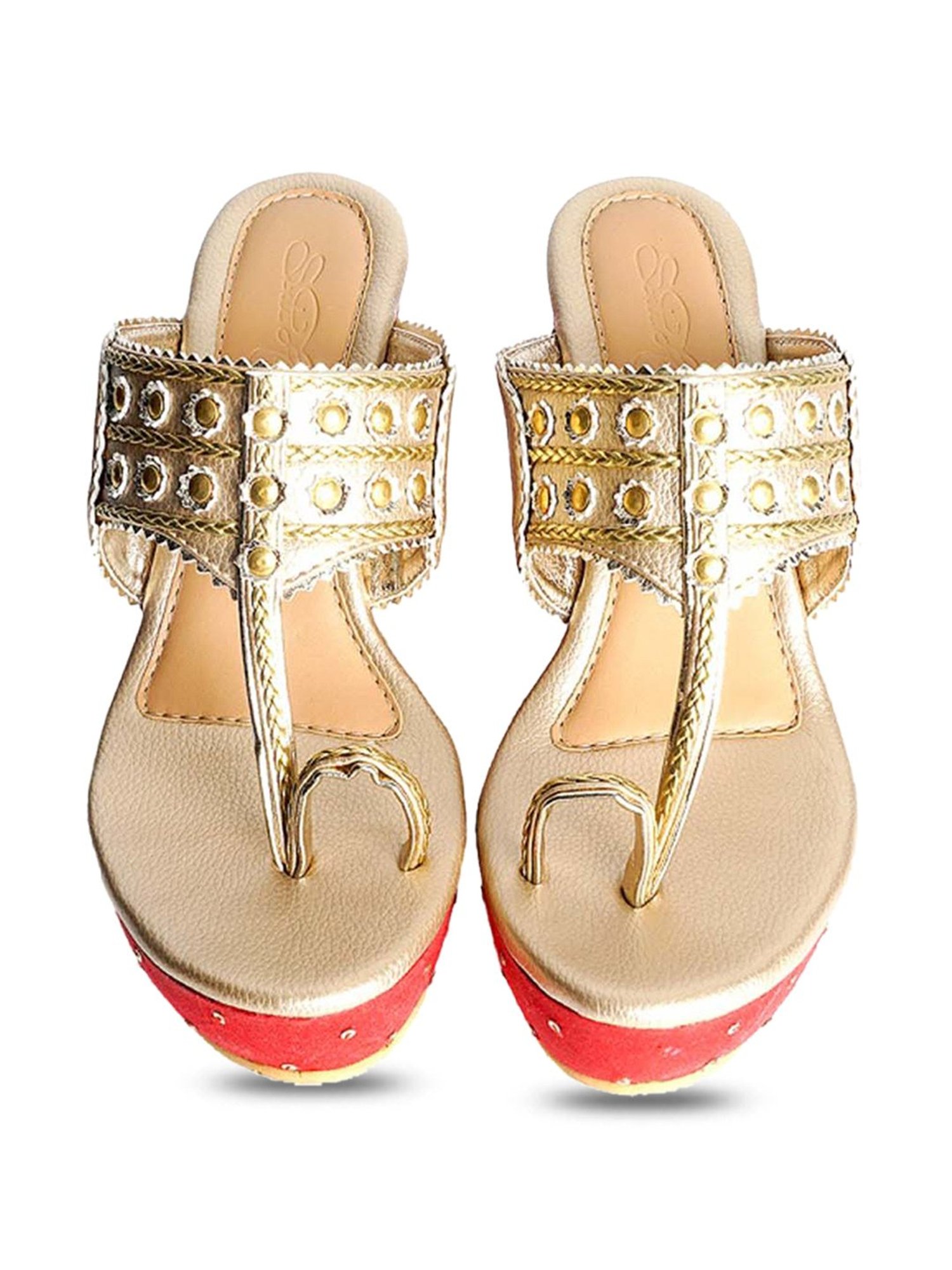 Sole House Women's Golden & Red Toe Ring Wedges