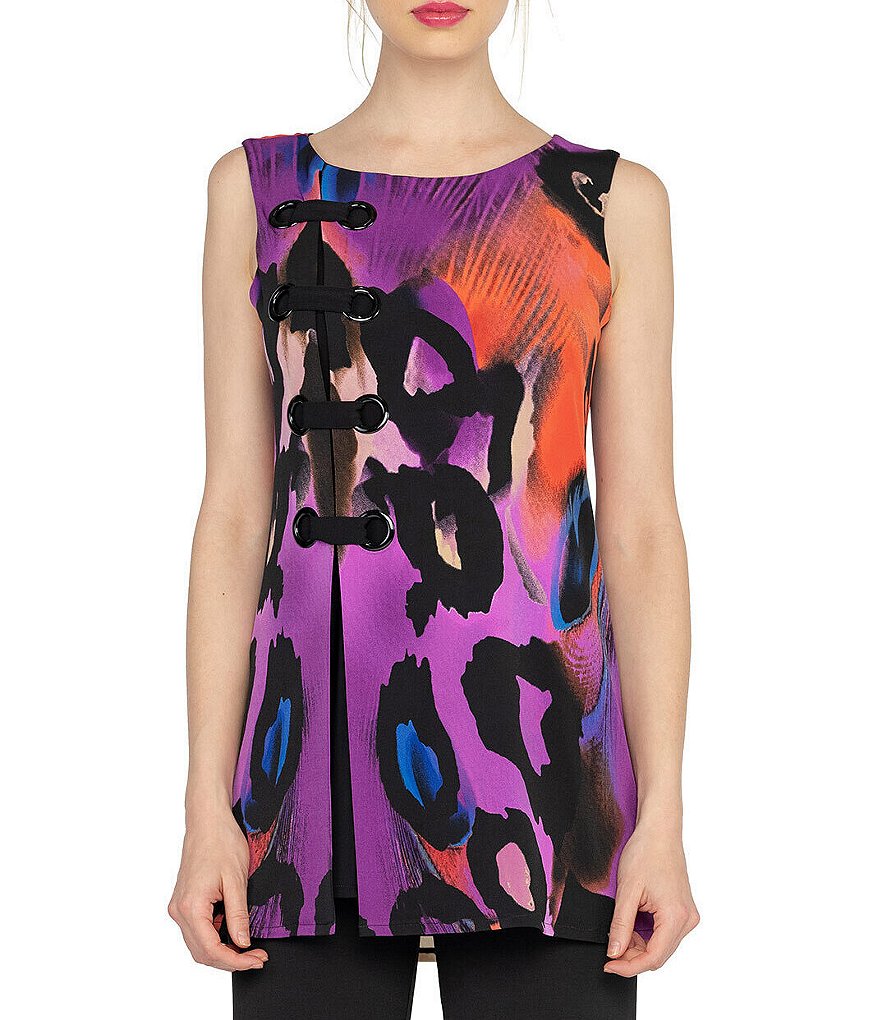 Eva Varro Animal Print Knit Jersey Big Grommet Detail Boat Neck Sleeveless Tunic