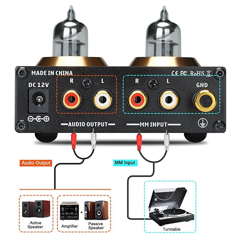 Phono Preamp for Turntable MM Phonograph Stereo Audio Tube Preamplifier with Mini Hi-Fi Stereo, Gain Adjustable Function & DC 12V Power Adapter, Suitable for Record Player