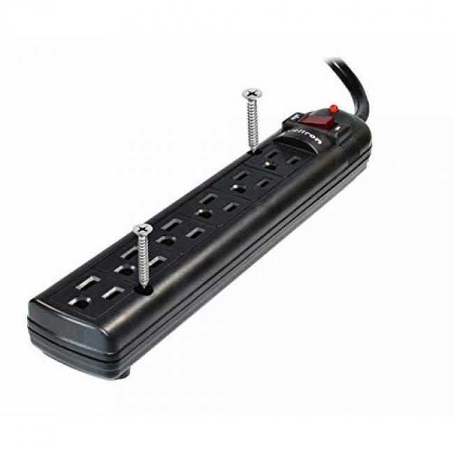 THIS 6 OUTLET PLASTIC POWER STRIP HAS 750 JOULES, EMI/RFI FILTER AND A 25FT POWE