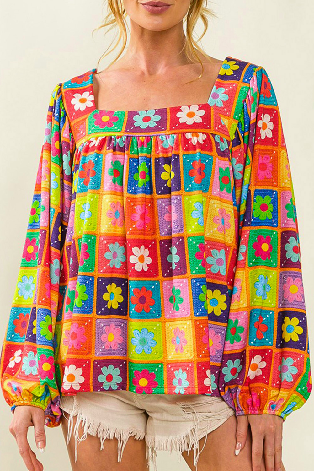 Multicolor 60s Flower Pattern Lantern Sleeve Square Neck Top