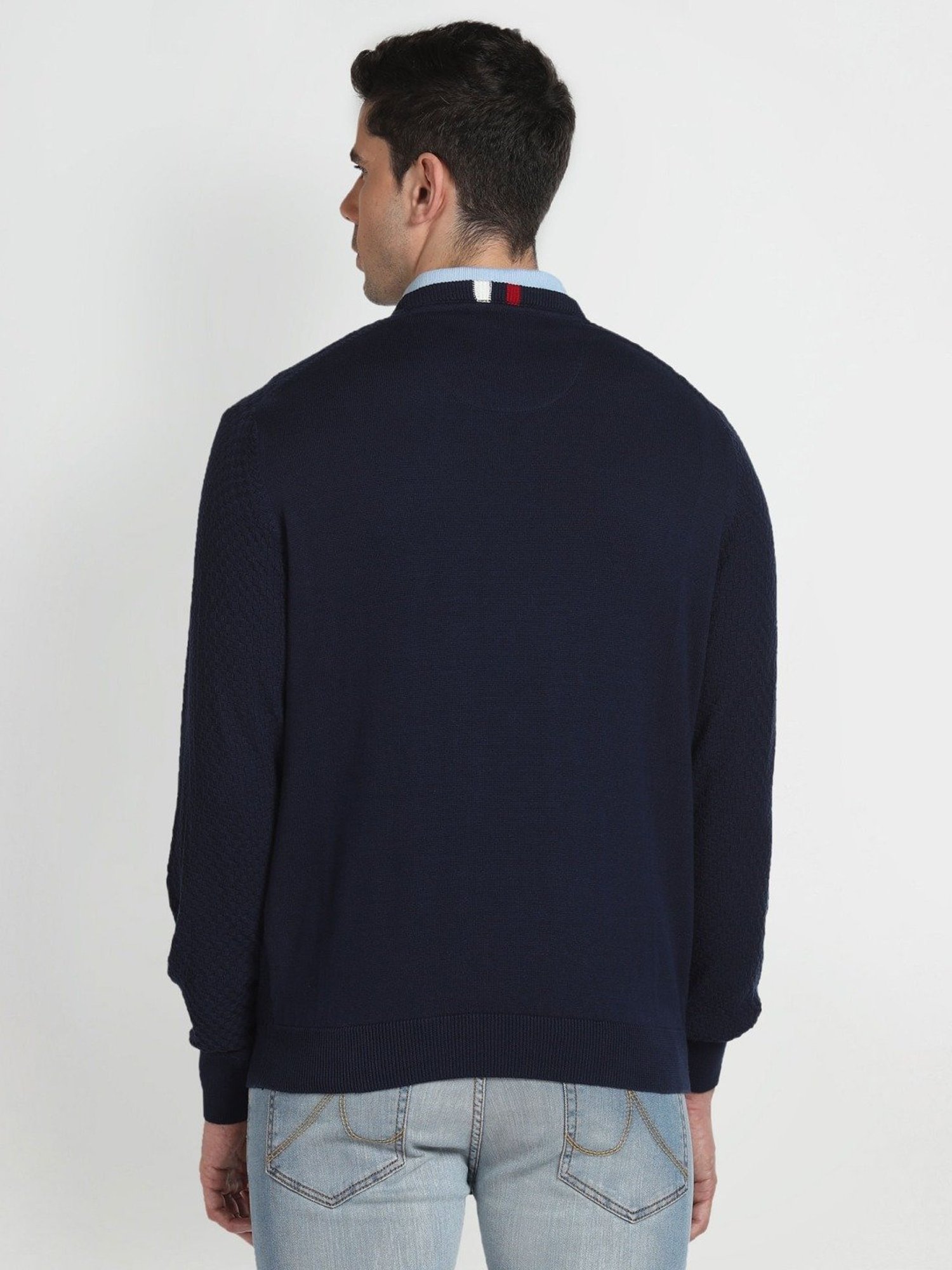 Arrow Sport Navy Blue Cotton Regular Fit Self Pattern Sweater