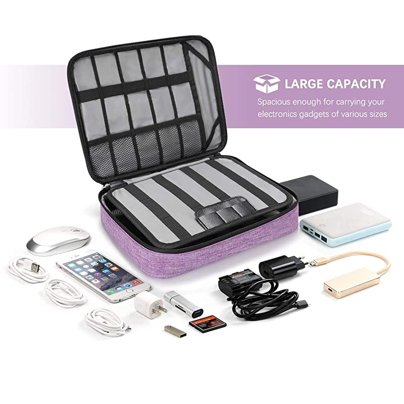 Electronics Organizer  Electronic Accessories Double Layer Travel Cable Organizer Cord Storage Bag for Cables iPad Up to 11Power Bank Hard Drive and MoreLavender