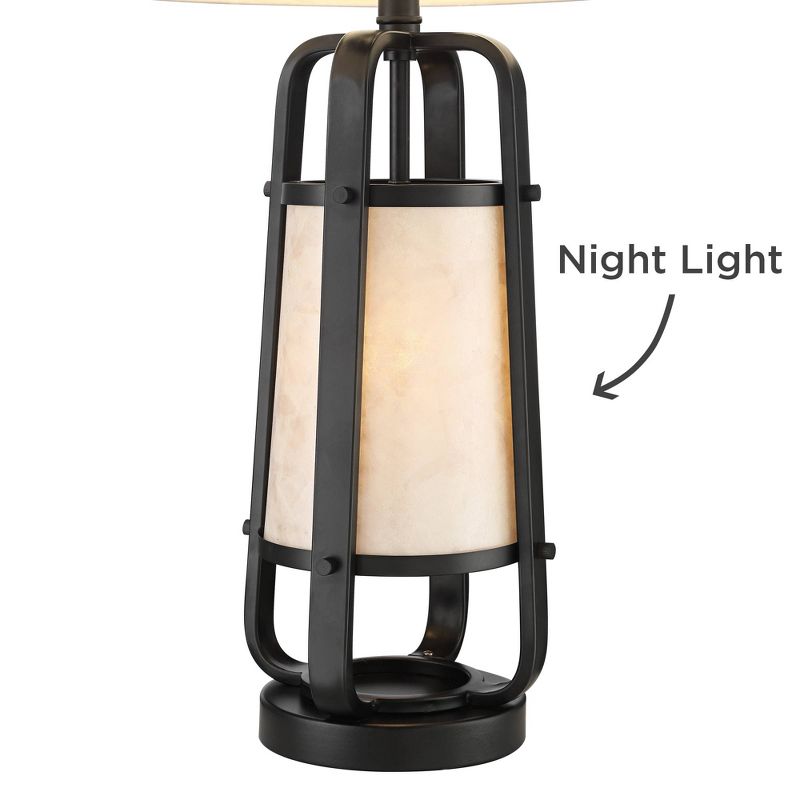 Franklin Iron Works Farmhouse Industrial Table Lamp with Night Light Bronze Metal Natural Mica Linen Drum for Living Room Bedroom