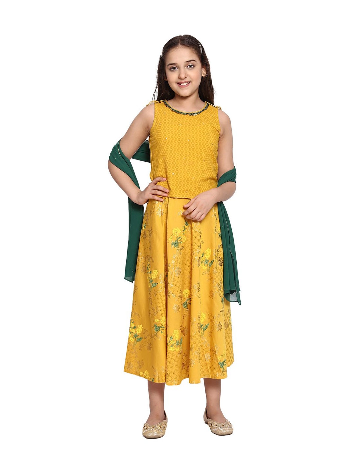Aurelia Kids Yellow & Green Embellished Top, Skirt with Dupatta