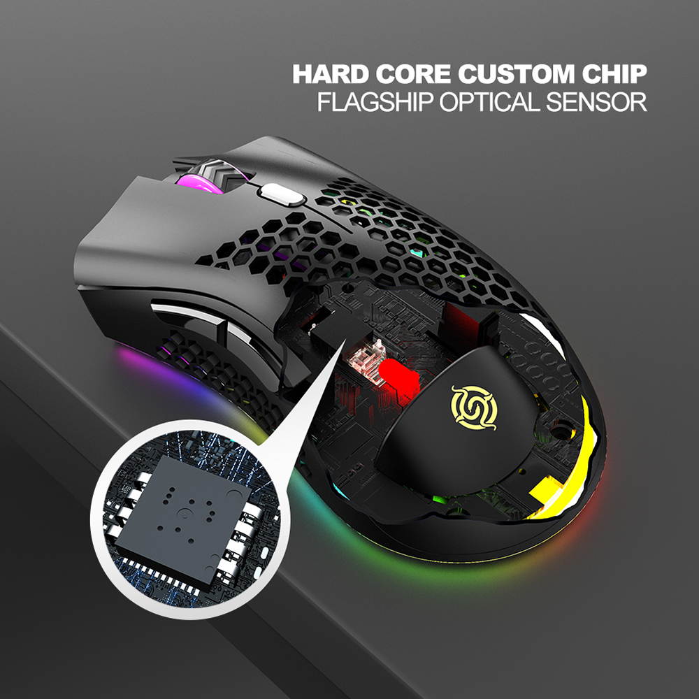 Lightweight Gaming Mouse, 2.4G Wireless Mouse Honeycomb Design Rechargeable Wireless Gaming Mouse with USB Receiver RGB Backlight Computer Mouse for Laptop PC (Black)