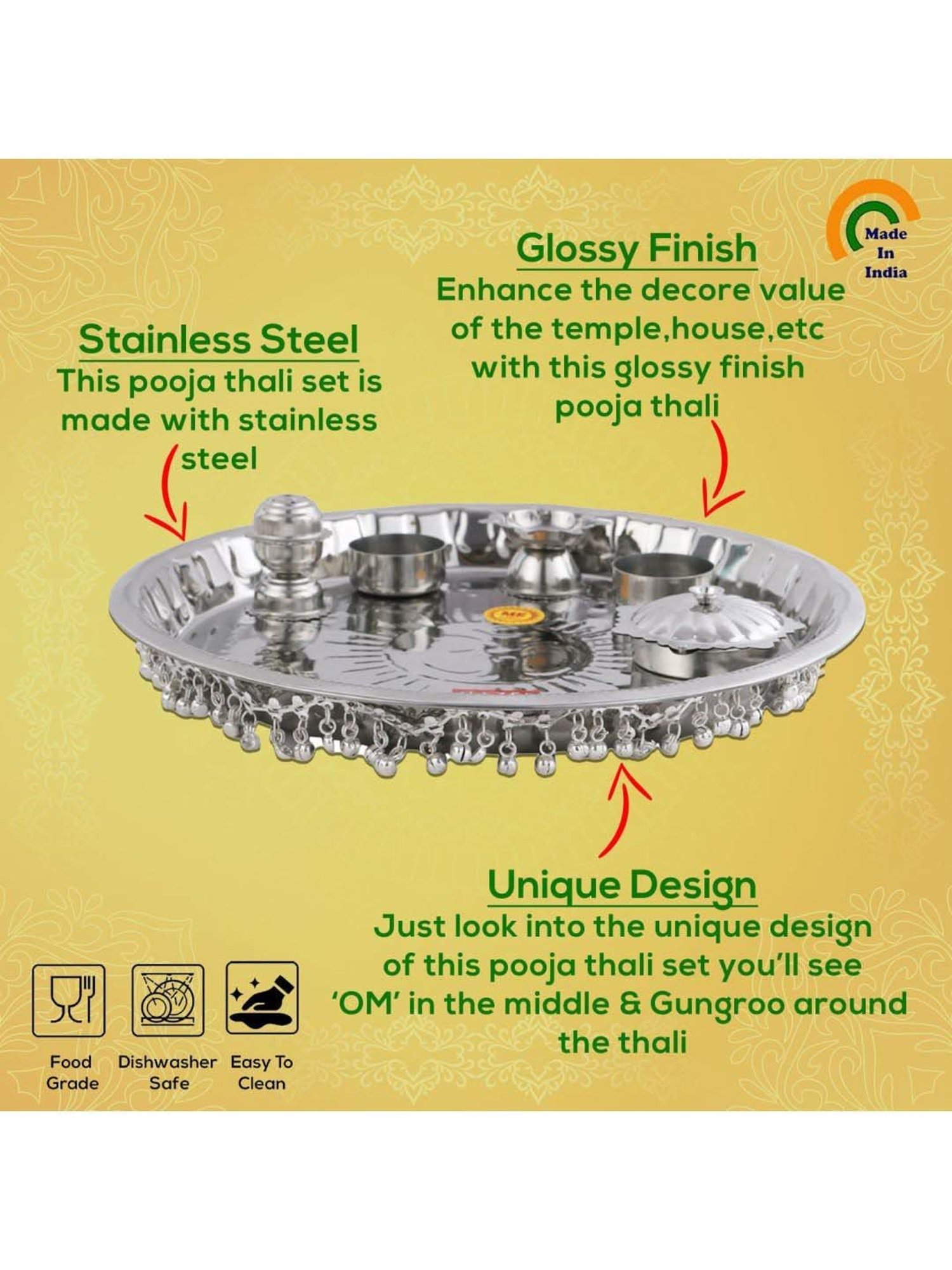 HAZEL Silver Stainless Steel Gungroo Pooja Thali