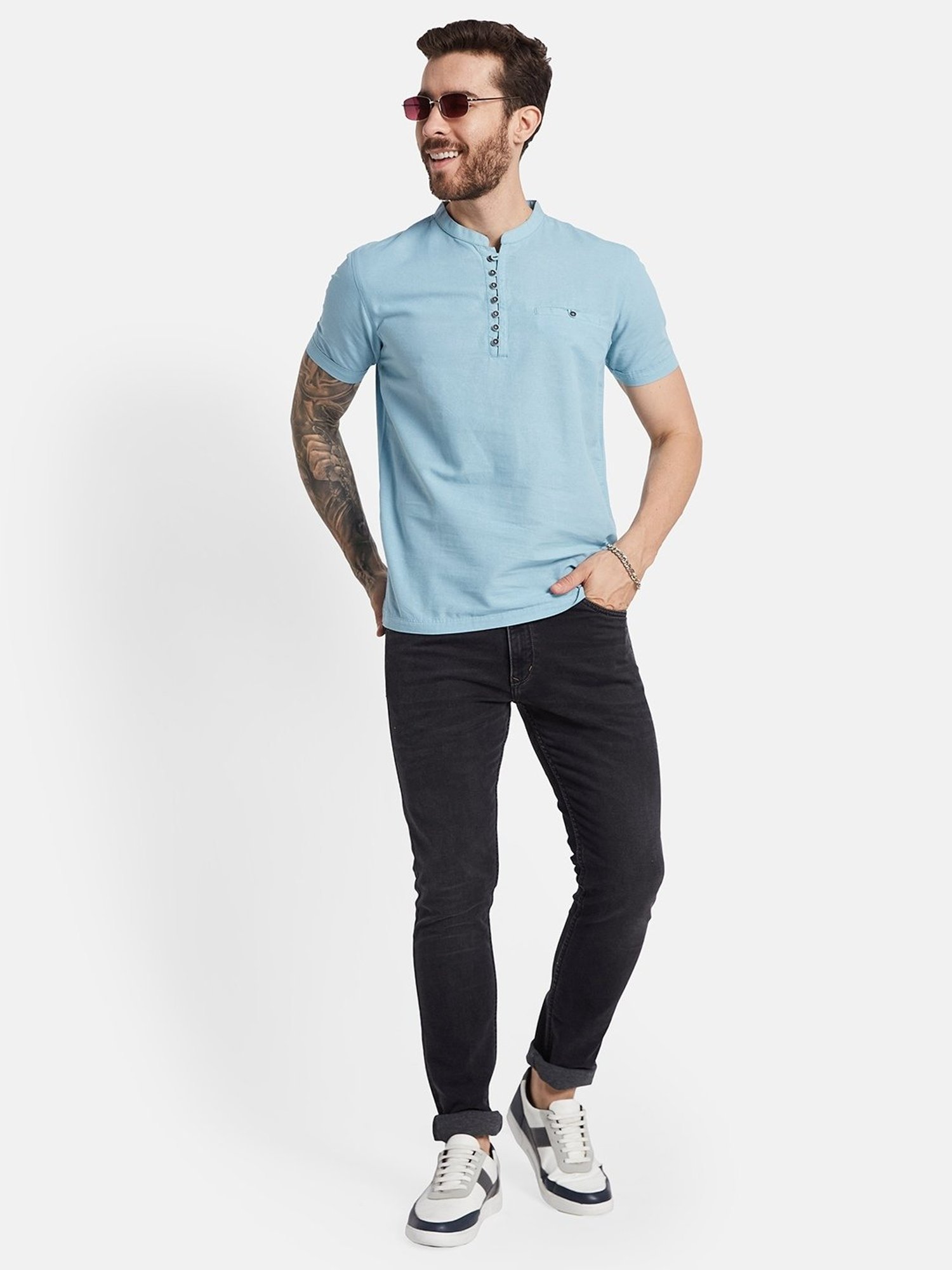 Octave Teal Blue Cotton Regular Fit T-Shirt