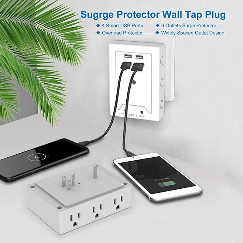 6 AC Outlets Surge ProtectorMulti Outlet Wall AdapterUSB Power Strip Extension Mountable Grounded Surge Protector Portable Outlet Extender for TV Computer Laptops Smartphone White