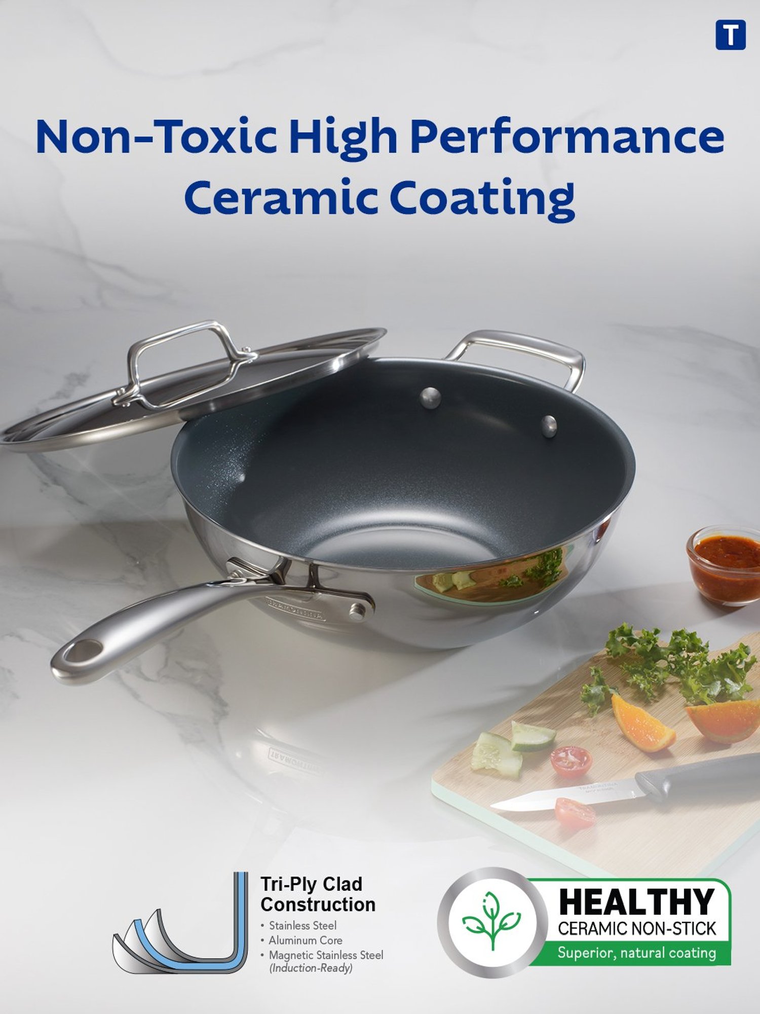 Tramontina Fusao Non-Toxic Triply Stainless Steel Ceramic Wok with Lid 26cm/3.7L