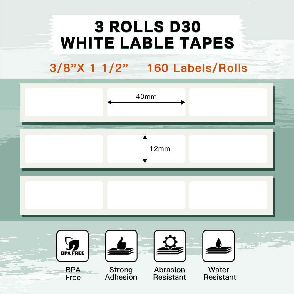 White Square Self-Adhesive - Compatible for  D30 Label Printer-3 Rolls of 480 Labels 12x40mm Stickers Paper