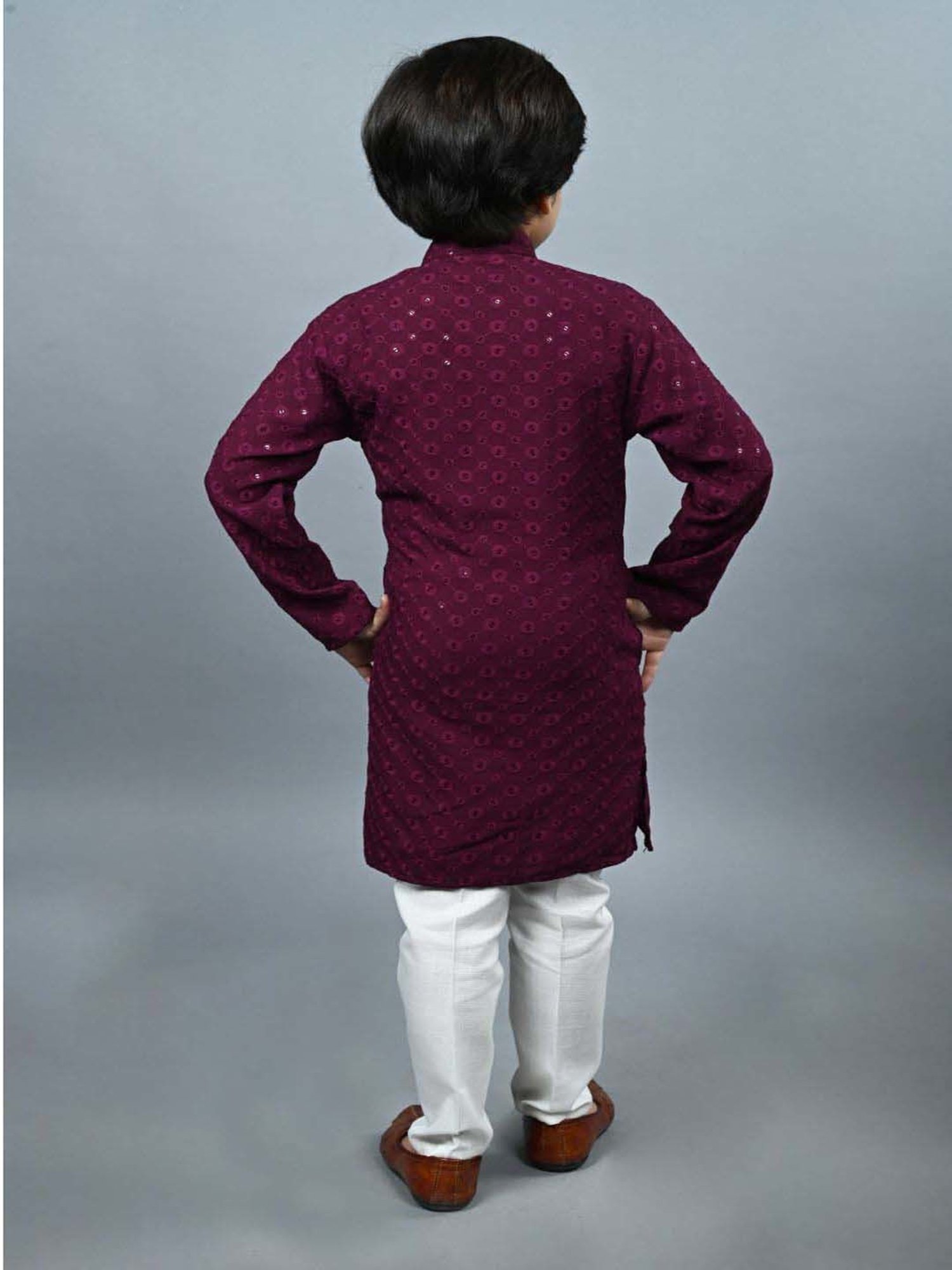 Ahhaaaa Kids Purple & White Cotton Embroidered Full Sleeves Kurta Set