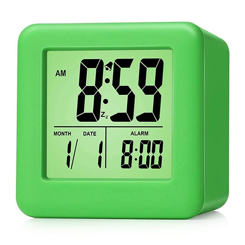 Digital Alarm Clocks Travel Clock with Snooze and Green Nightlight Easy Setting Clock Display Time Date Alarm Ascending Sound Battery Powered Green