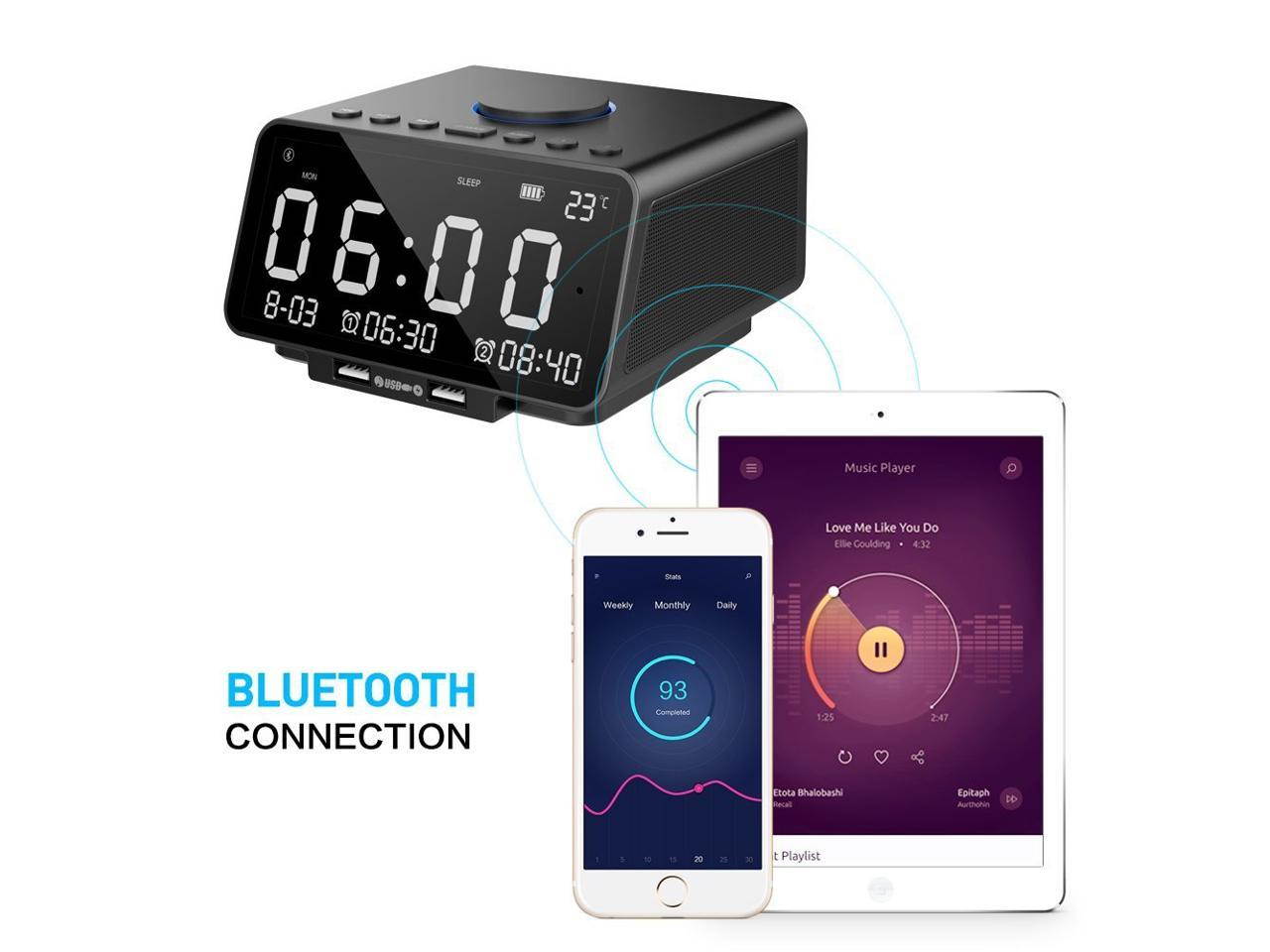 Alarm Clock Radio Wireless Bluetooth Stereo Speaker Digital Alarm Clock for Heavy Sleepers with FM Radio/AUX-IN/ Snooze,Auto Dimmer,Cell Phone USB Charging Night Lights Lamp Large LED Display Bedroom
