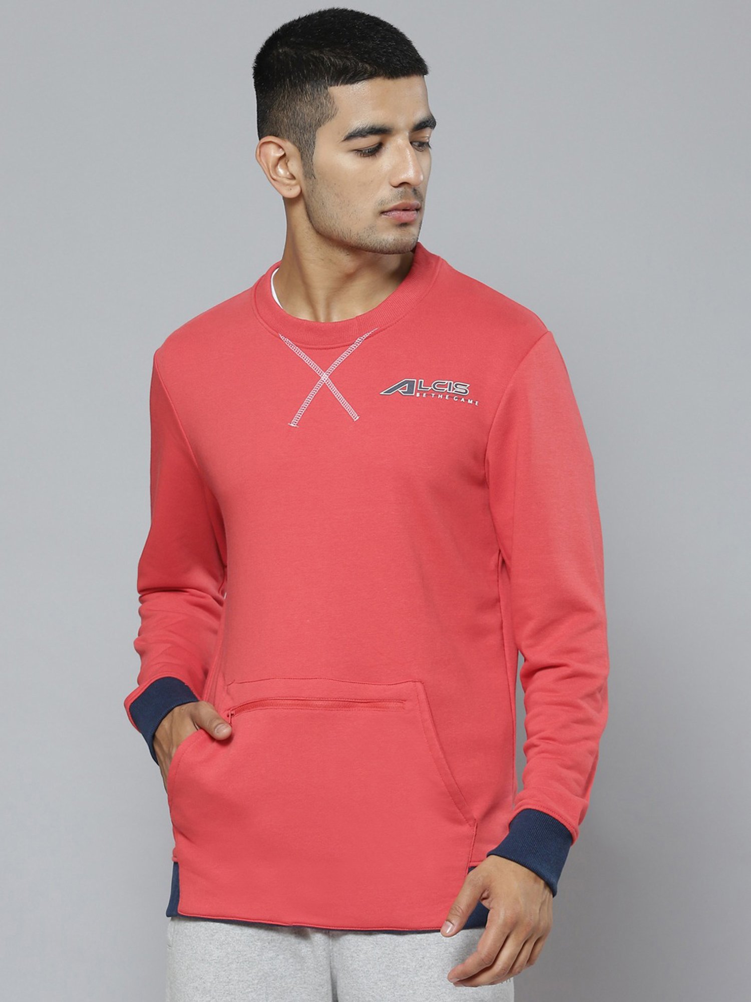 ALCIS Red Regular Fit Round Neck Sweatshirt