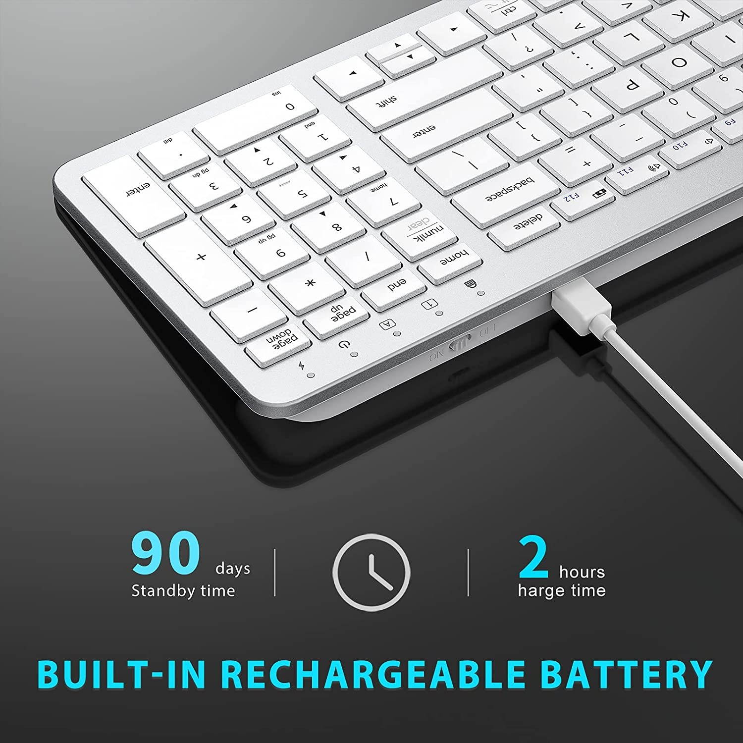 Wireless Keyboard and Mouse, iClever GCA26S Rechargeable Wireless Keyboard Ergonomic Full Size Design with Number Pad, 2.4G Slim White Keyboard and Mouse for Mac, Windows, Computer, Desktop, Notebook