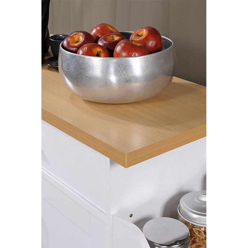 Hodedah Wheeled Kitchen Island with Spice Rack and Towel Holder, White/Beech