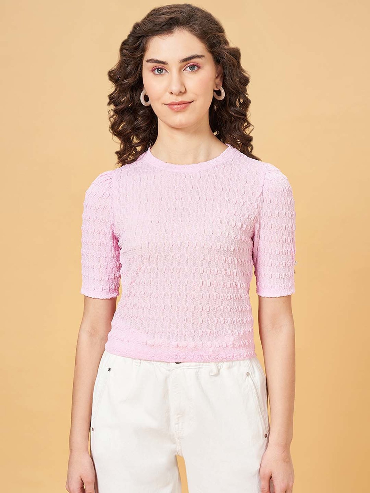 People by Pantaloons Pink Self Pattern Top