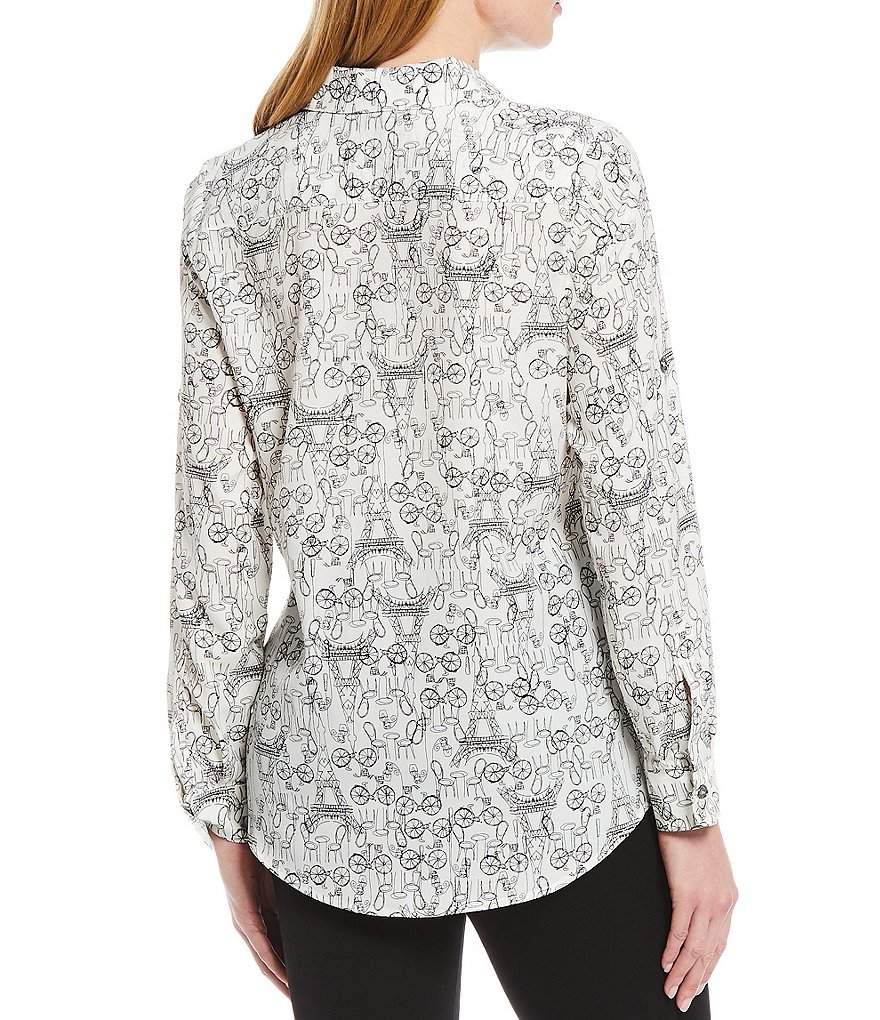 KARL LAGERFELD PARIS Whimsical Roll Tab Long Sleeve Point Collar Crepe Blouse