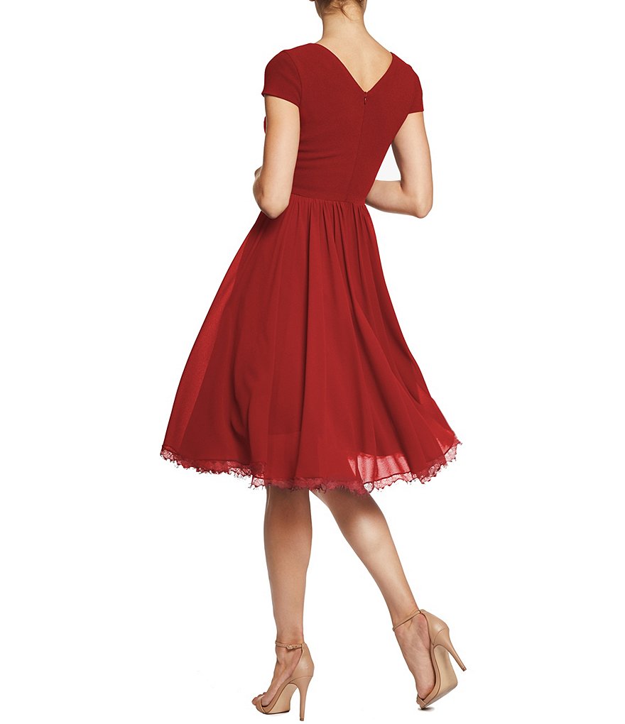 Dress the Population Corey V-Neck Cap Sleeve Lace Hem Midi Dress