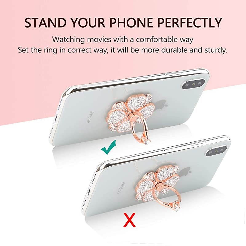 Phone Finger Ring Holder with Bling Crystals,  Heart Lucky Clover Phone Ring Kickstand [Washable] [Removable], 360&deg;Rotation Zinc Alloy Ring Grip Stand for Phones and Tablets (Rose Gold)