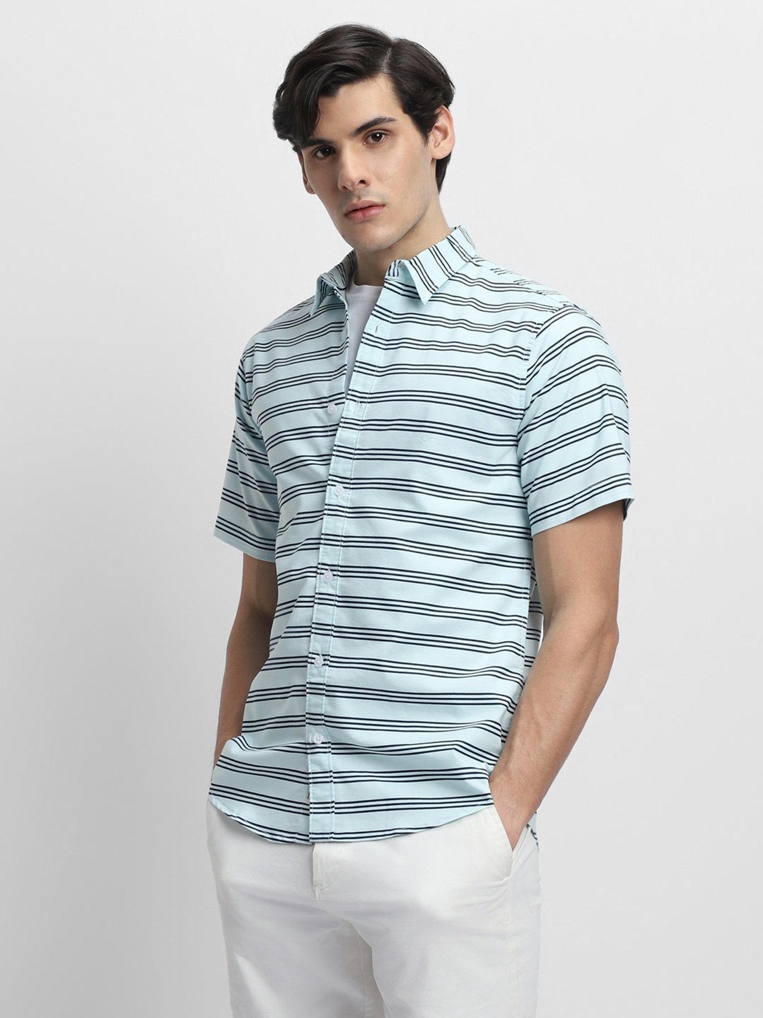 Dennis Lingo Green Cotton Slim Fit Striped Shirt