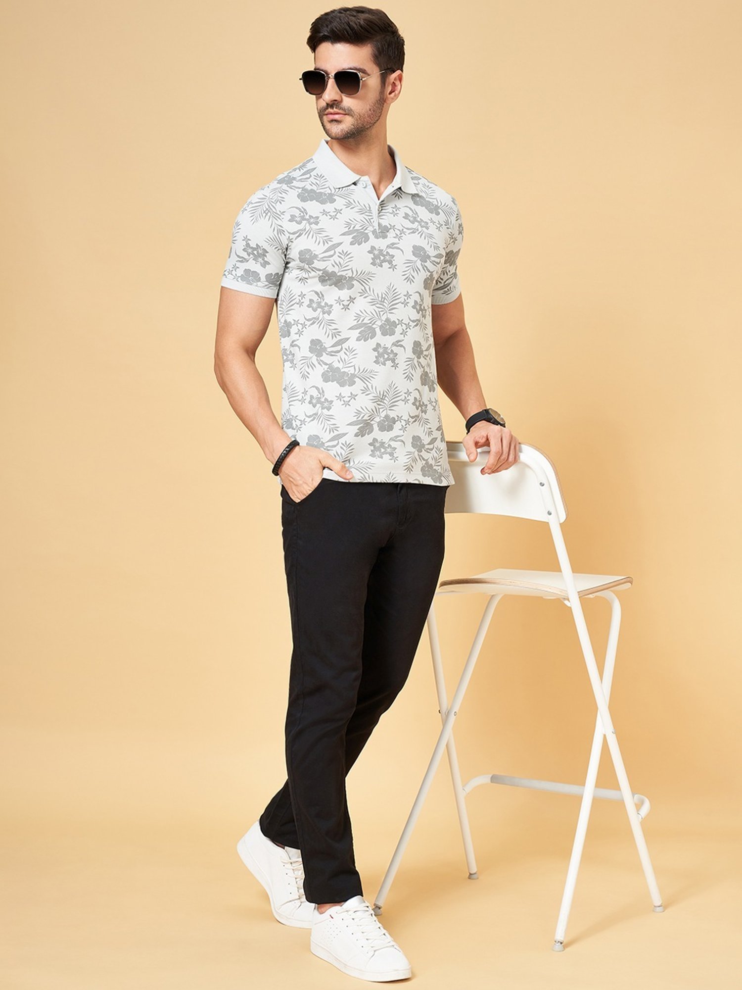 Byford by Pantaloons Light Grey Cotton Slim Fit Printed Polo T-Shirt