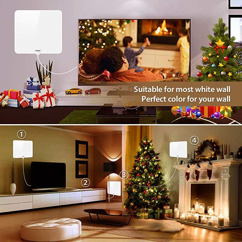 Antenna, 2021 Indoor Digital Antenna with Amplifier Signal Booster - 200 Miles Range, HD Antenna Support 4K 1080P Local Channels - 16.5 Ft Coax Cable (White)