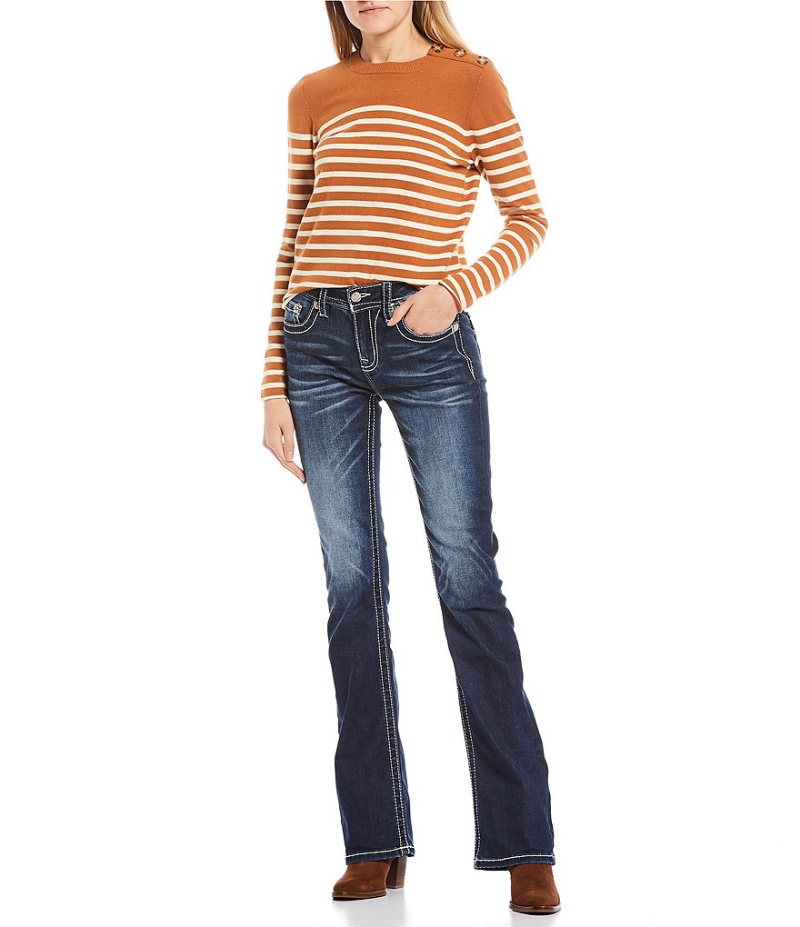 Miss Me Sweet Addition Paisley Embellished Flap Pocket Mid Rise Bootcut Jeans